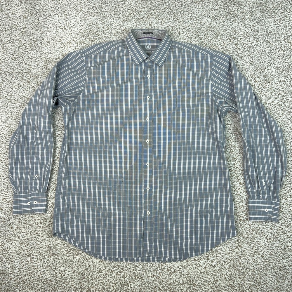 Bugatchi Uomo Shirt Mens 2XL Gray Plaid Classic Fit‎ Button Flip Cuff Contrast